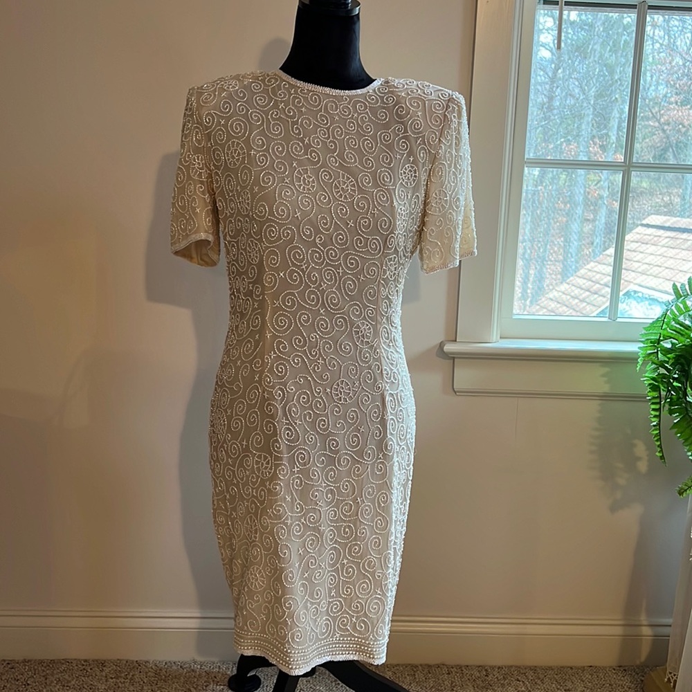 Vintage Stenay beaded cream cocktail evening dress! Sz6 fully lined